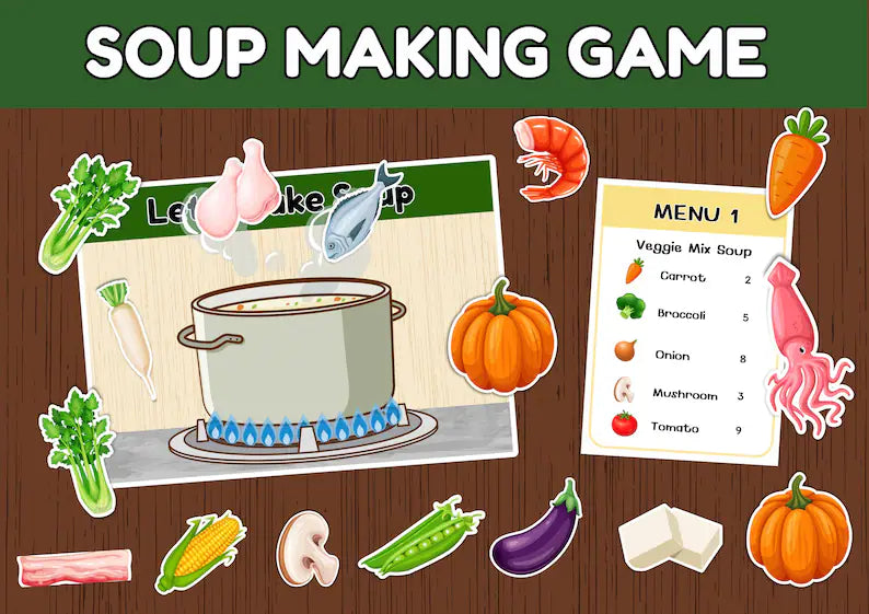 Soup Making Game Printable for Kids | Food Matching & Counting Activity | Pretend Play Cooking Printable